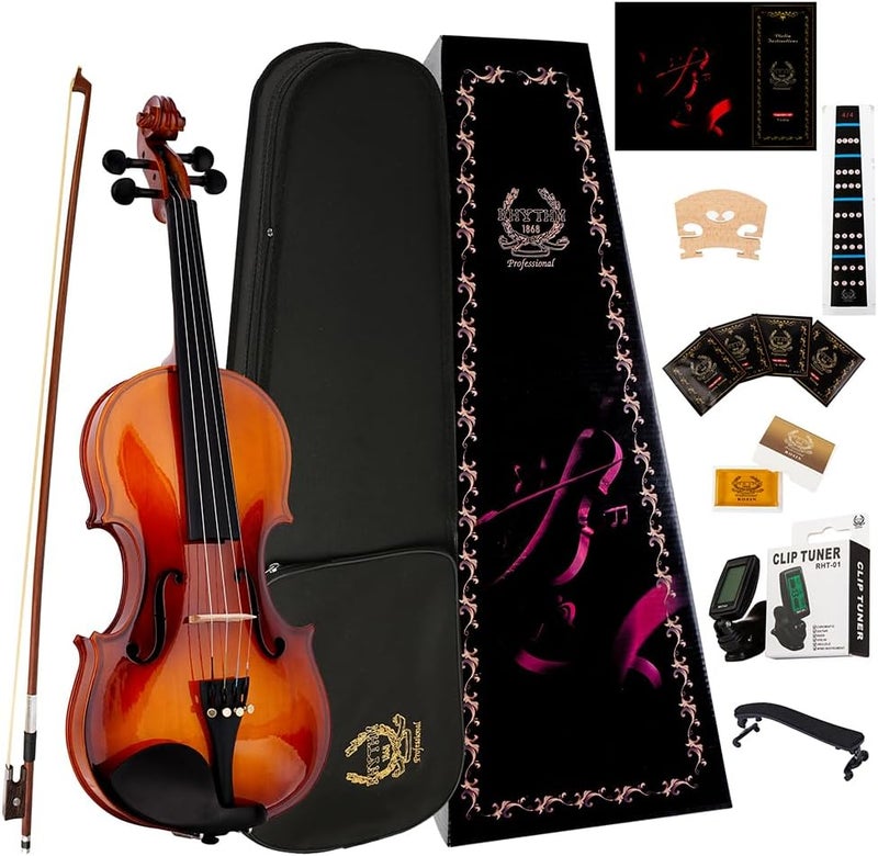 Rhythm Violin Set for Beginners,Acoustic Violins Starter Kit Package for Student,Beginners Fiddle with Hard Case, Rosin, Shoulder Rest, Bow, and Extra Strings (NATURAL, Full) - Image 1